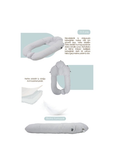 Mordesign Moresleep 2'si 1 Arada Bebek Sarılma Ve Şekillendirme Yastığı, Düz Kafa Yastığı,pamuklu,uyku Yastığı Gri Zg10194-2