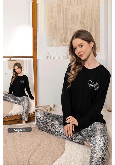 Kadın Yılan Desen Suprem Pijama Takımı 0330 Siyah Siyah