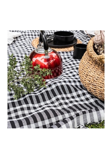 Çok Amaçlı Sofra Bezi & Piknik Örtüsü & Masa Örtüsü Ekose Pötikare Desenli Siyah