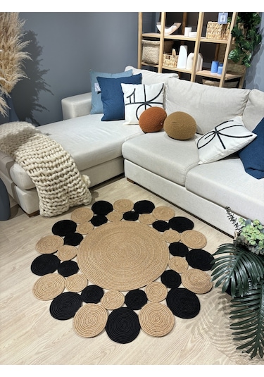 Mavaux Hasır Jüt Çiçek Desenli Kilim Halı Siyah - Hasır