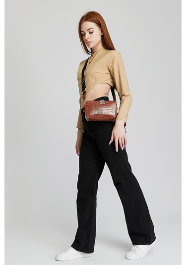 Morpelikan Taba Kroko İki Bölmeli Kadın Omuz Çantası Taba