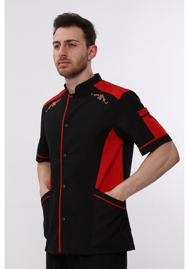 Uniprom Kısa Kollu Aşçı Ceketi Önlük Omuz Nakışlı Cepli Şef, Garson Siyah Kırmızı