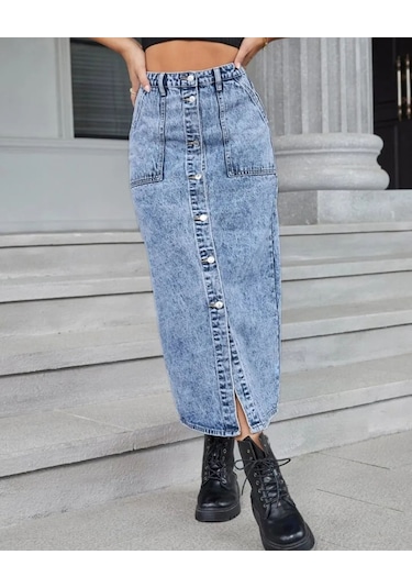 Pass&pass 2102-etk Kadın Likralı Önden Düğmeli Jeans Kot Denim Uzun Etek Kar Çok Renkli