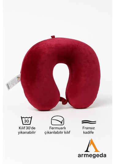 Armegeda Fransız Kadife Seyahat Yastıgı Nar Kırmızısı Yastık Wine Red