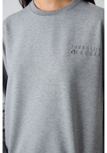Tommy Life Gri Melanj Basic Pamuklu O Yaka Oversize Lastik Paça Kadın Eşofman Takım - 95287 GRİ MELANJ