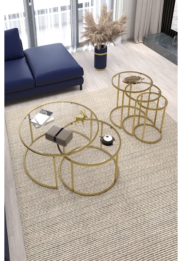 Belarus Orta Sehpa Gold 60cm & Alya Gold Zigon Sehpa Şeffaf Cam