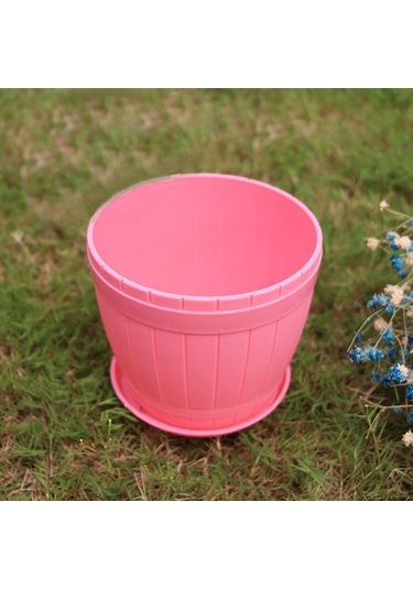 Sones 10 Adet İmitasyon Ahşap Fıçı Plastik Reçine Saksı Tepsili, Üst Çap: 19cm, Yükseklik: 16.5cm Pembe