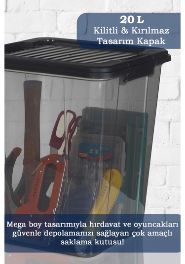 2'li Megabox 20l Saklama Kabı - Kilitli Kapaklı Çok Amaçlı Düzenleyici Kiler Depolama Oyuncak Kutusu Siyah
