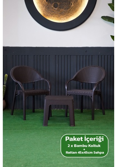 Bambu Rattan Görünümlü Sehpalı Set 2 Adet Koltuk + 45 Cm Sehpalı Sandalye Seti Kahverengi