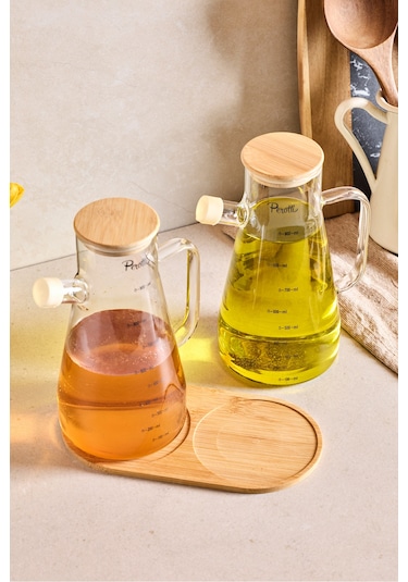 Std Gaella Bamboo 2 Li 900ml Tepsili Yağlık-sirkelik Seti 3 Parça Borosilikat Seffaf Şeffaf