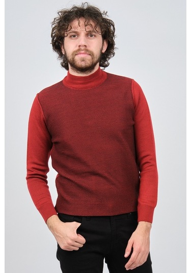 Çizgi Triko Erkek Yarım Balıkçı Yaka Desenli Kazak 42564229 Bordo Bordo