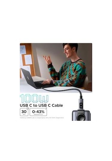 Ugreen Uno Usb-c 100w 5a Qc Pd Örgülü Hızlı Şarj Kablosu, 1 Metre, Siyah, 35501