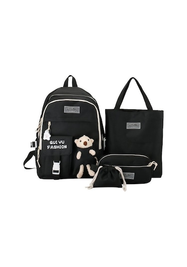 Enjoy Homee Ilkokul Okul Çantası Kız Sevimli Bebek Büyük Kapasiteli Sırt Çantası Dört Parçalı Set Q8v3gc Siyah - Siyah