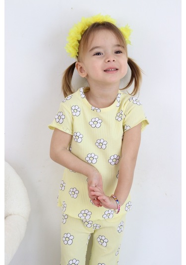 Kız Çocuk Çiçek Baskılı Raporlu Kumaş Basic Alt Üst İkili Takım 001