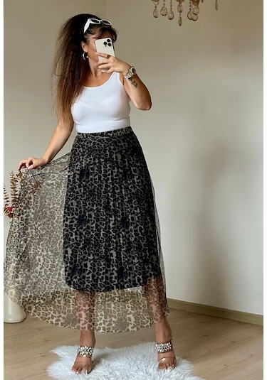 Azra Butik Açık Leopar Tül Etek Siyah
