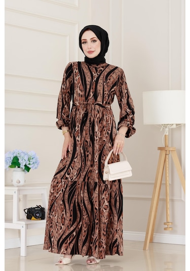 Sevitli Leopar Desenli Beli Tünelli Viscon Elbise-siyah-5086 Siyah