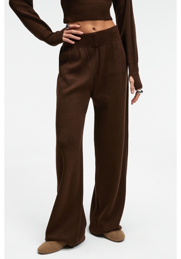 Grımelange Marıposa Kadın Yuvarlak Yaka Çizgi Desenli Crop Geniş Paça Triko Kahverengi Alt-üst Takım Kahverengi