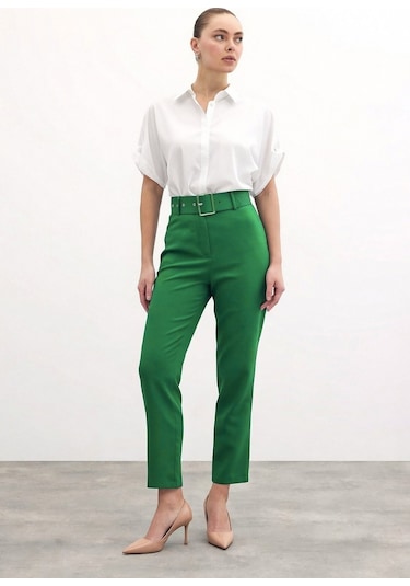 Sateen Yüksek Bel Kemerli Pantolon - Koyu Yeşil-132323 Koyu Yeşil