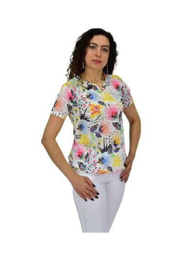 Kadın Kısa Kol Baskılı Bluz Bgl-st04687 Krem