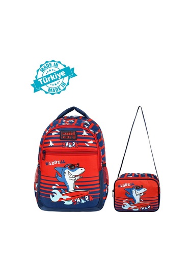 Waddell Lisanslı Lacivert-kırmızı Köpekbalığı Desenli Erkek Çocuk İlkokul Sırt Çantası Ve Beslenme Çantası