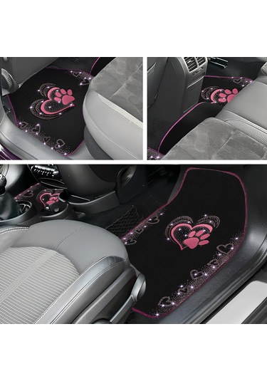 Kadınlara Özel Nakış İşlemeli Taşlı Kalp Ve Köpek Pati Desenli Oto Paspas Seti Şık Ve Dayanıklı