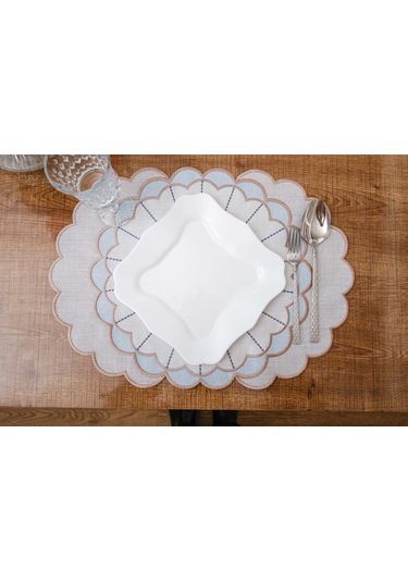 Finezza Mila Nakışlı Keten Efekt Kumaş Krem Mavi A.Servis 345x45 cm 4 Ad.-1394 Krem