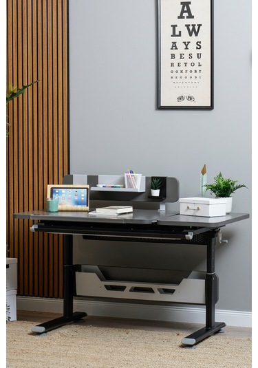 Vega Standart Yükseklik Ve Eğim Ayarlı, Çekmeceli Bilgisayar Ve Ofis Masası, Çalışma Masası Antrasit Gri