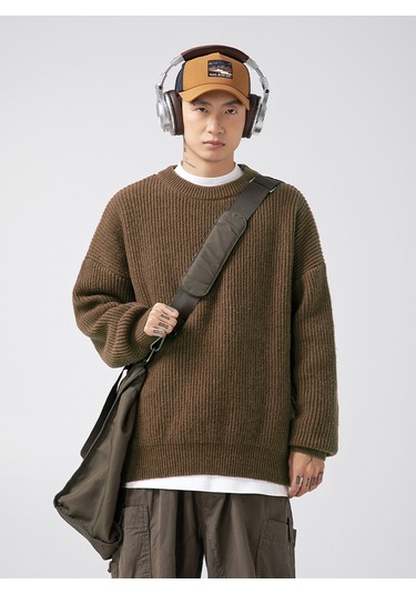 Erkek Sonbahar Ve Kış Düz Renk Bol Yuvarlak Yakalı Örgü Kazak Açık Kahverengi