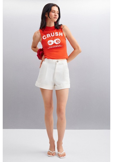 AZURA Kadın Baskılı Kısa Kollu Crop Kırmızı T-Shirt