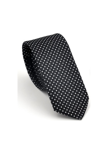 Beyaz Noktalı Puantiye Desenli Siyah Dokuma Kumaş Mendilli Slim Fit Kravat // Sdk230913 Siyah