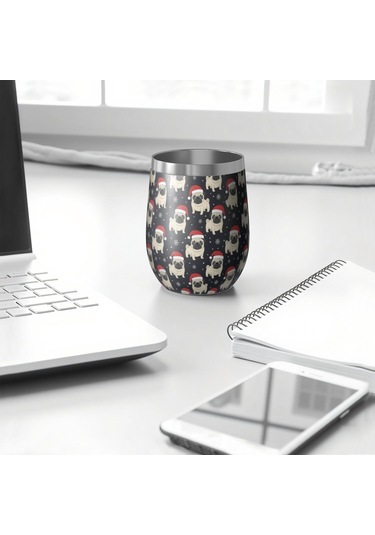 12oz Noel Desenli Seyahat Kahve Kupası, Kapaklı, Yeniden Kullanılabilir, Kadın Ve Erkek Hediyesi Noel Pug Baba Noel