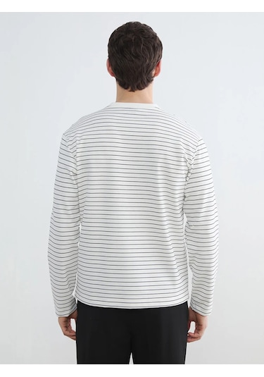 Lc Waikiki Ekru Bisiklet Yaka Çizgili Erkek Sweatshirt