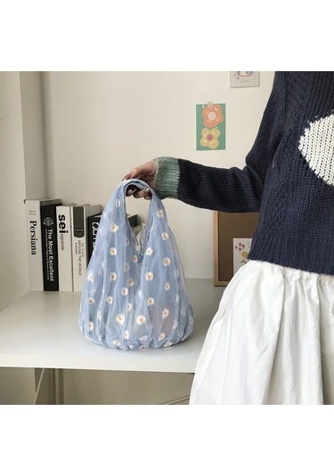 Mary&raptor Kadın Şeffaf Tote Çanta - Papatya Nakışlı, Eko Meyve Ve Dekorasyon İçin Gökyüzü Mavi