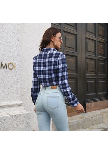 Gmxıa Kadın Modası Günlük Ekose Baskı Uzun Kollu Polo Yaka Bluzlar Ve Gömlekler Kahverengi