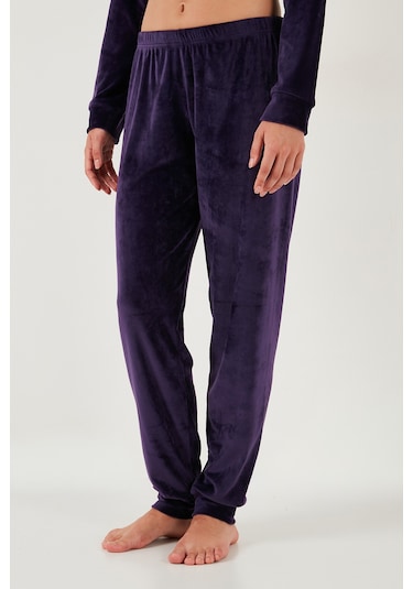 Lela Regular Fit Yumuşak Dokulu Kadife Bayan Pijama Takımı 6094200W4 Koyu Mor