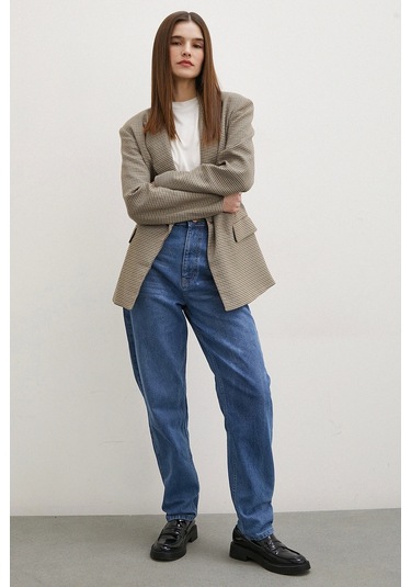 Yüksek Bel Dar Paça Mom Jean Mavi Mavi