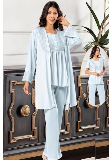 Xses 4001 Kadın Hamile Lohusa Sabahlıklı Pijama Takım-mavi