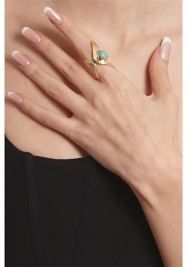 Labalaba Kadın Lak Altın Kaplama Turkuaz Doğaltaşlı Ayarlanabilir El Yapımı Yüzük Çok Renkli
