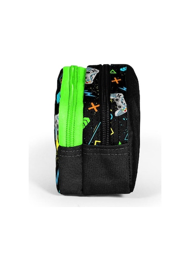 Coral High Kids Siyah Fosforlu Yeşil Gamer Desenli İki Bölmeli Kalem Çantası 12087