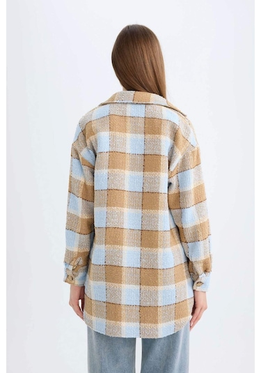Defacto Relax Fit Gömlek Yaka Kareli Flanel Uzun Kollu Gömlek Tunik D4774AX24AUBE409 Mavi
