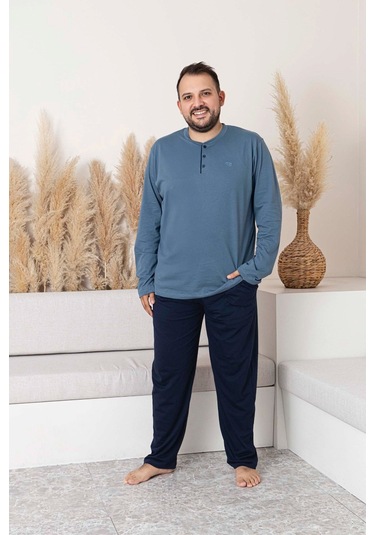 Erkek Füme Lacivert Büyük Beden 3 Düğmeli %100 Pamuk Mevsimlik Uzun Kol Cepli Pijama Takımı Füme