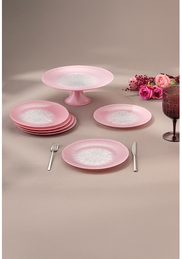 Emsan Pastel 7 Parça Cam Pasta / Tatlı Seti Pembe Pembe