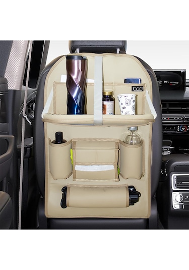 Bod Deri Masalı Oto Koltuk Arkası Koruyucu Eşya Düzenleyici Araç içi Organizer Bej
