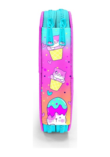 Coral High Kids Renkli Dondurmalı Kedi Desenli Çift Katlı Kalem Çanta 11139 Çok Renkli