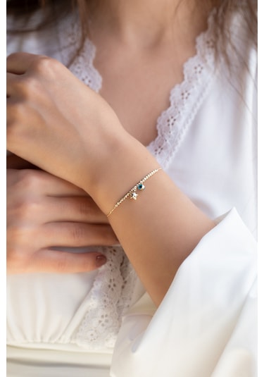 14 Ayar Altın Yıldız ve Nazar Boncuklu Kadın Bilekliği Sarı Altın