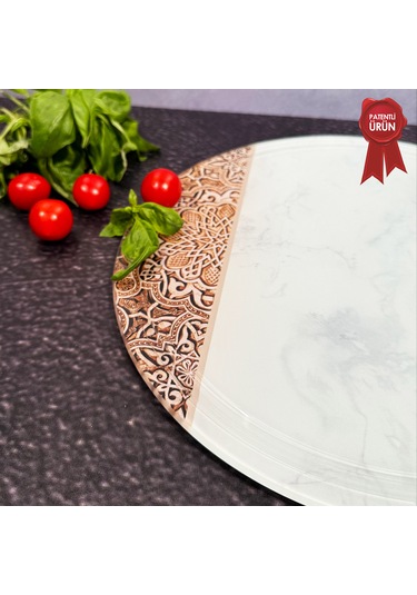 Kanallı Cam Kesme Tahtası - Arabesk Desen - Çap32cm-patentli Ürün