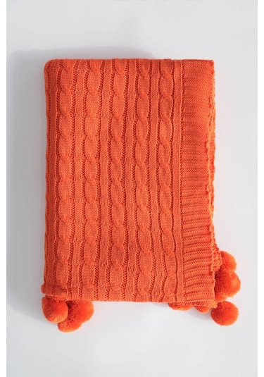 Biocotton Triko Ponponlu Örgü Tv Battaniyesi - Turuncu