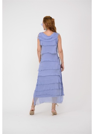 Italyan 2 Beden İnce Gösteren Kat Kat Kolsuz Ipek Elbise Mavi