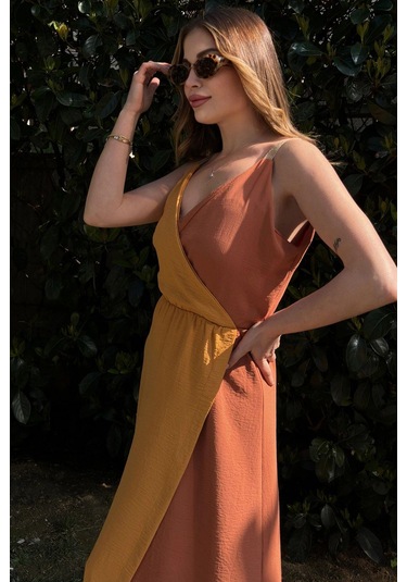 Kadın Hardal & Turuncu Color Block Kruvaze, Hasır Askı Detaylı, Yırtmaçlı, Uzun Airobin Elbise Hardal