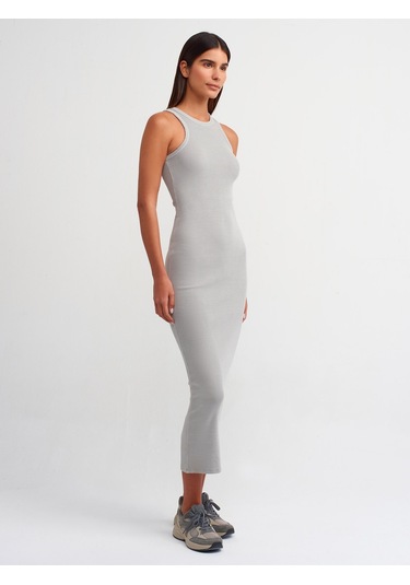 Dilvin Yıkama Efektli Midi Elbise Gri Açık Gri